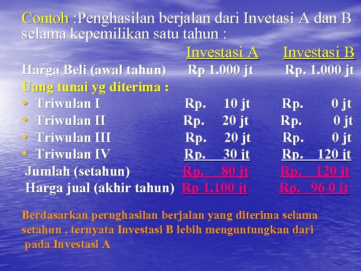 Contoh : Penghasilan berjalan dari Invetasi A dan B selama kepemilikan satu tahun :