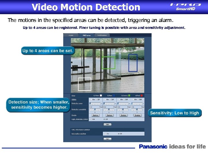 Video Motion Detection The motions in the specified areas can be detected, triggering an