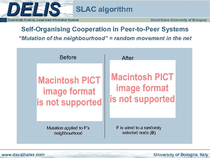 SLAC algorithm David Hales (University of Bologna) Self-Organising Cooperation in Peer-to-Peer Systems “Mutation of