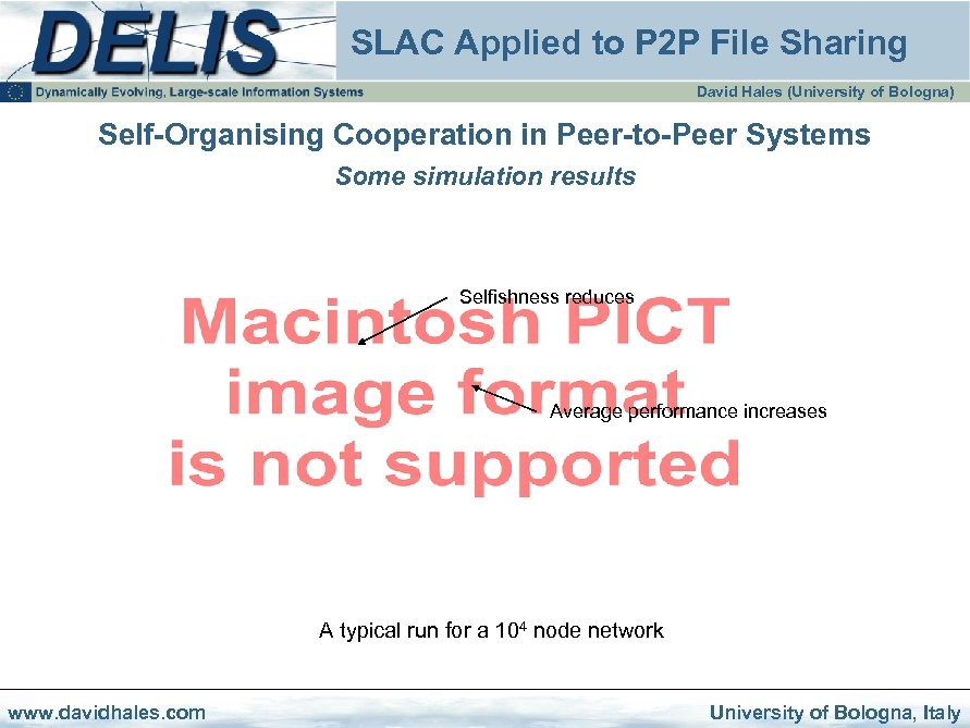 SLAC Applied to P 2 P File Sharing David Hales (University of Bologna) Self-Organising