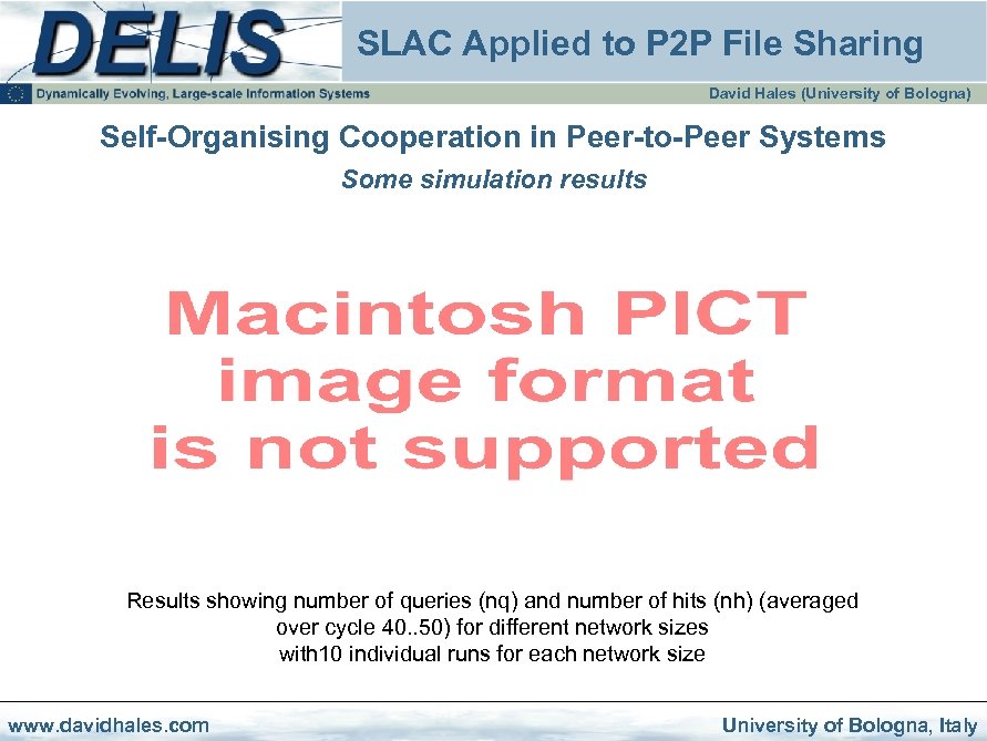 SLAC Applied to P 2 P File Sharing David Hales (University of Bologna) Self-Organising