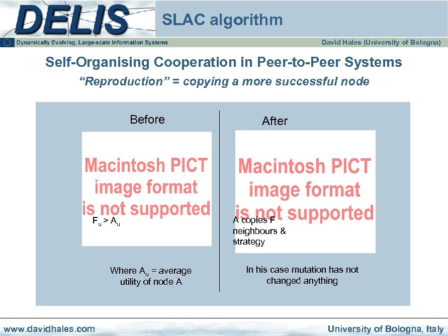 SLAC algorithm David Hales (University of Bologna) Self-Organising Cooperation in Peer-to-Peer Systems “Reproduction” =