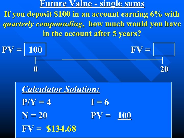 Future Value - single sums If you deposit $100 in an account earning 6%