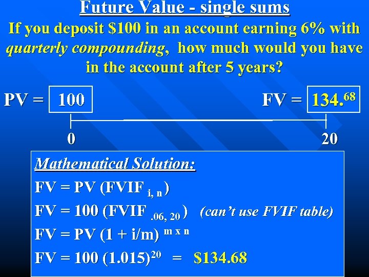 Future Value - single sums If you deposit $100 in an account earning 6%