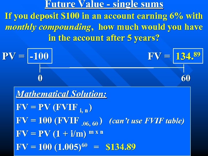 Future Value - single sums If you deposit $100 in an account earning 6%