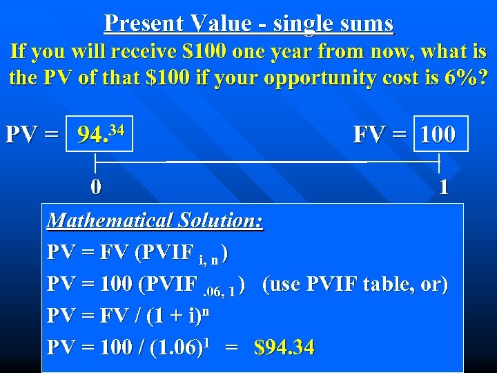 Present Value - single sums If you will receive $100 one year from now,