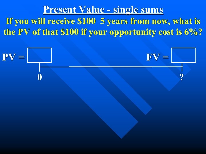 Present Value - single sums If you will receive $100 5 years from now,