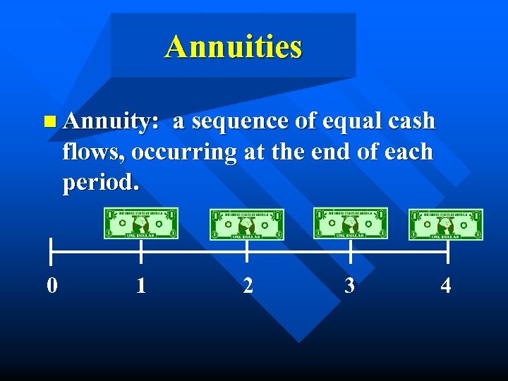 Annuities n Annuity: a sequence of equal cash flows, occurring at the end of