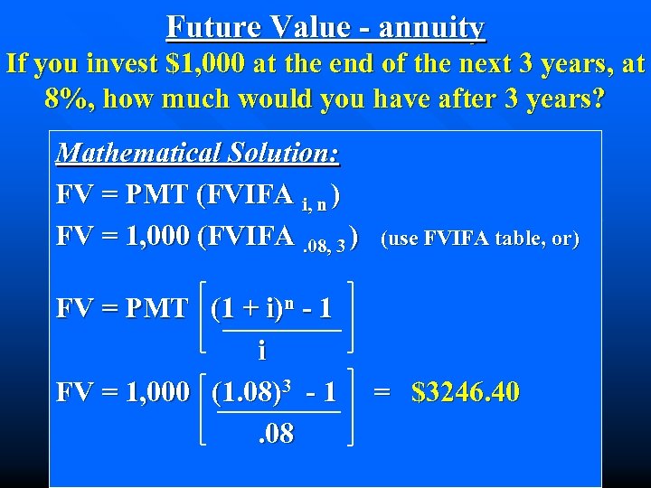 Future Value - annuity If you invest $1, 000 at the end of the
