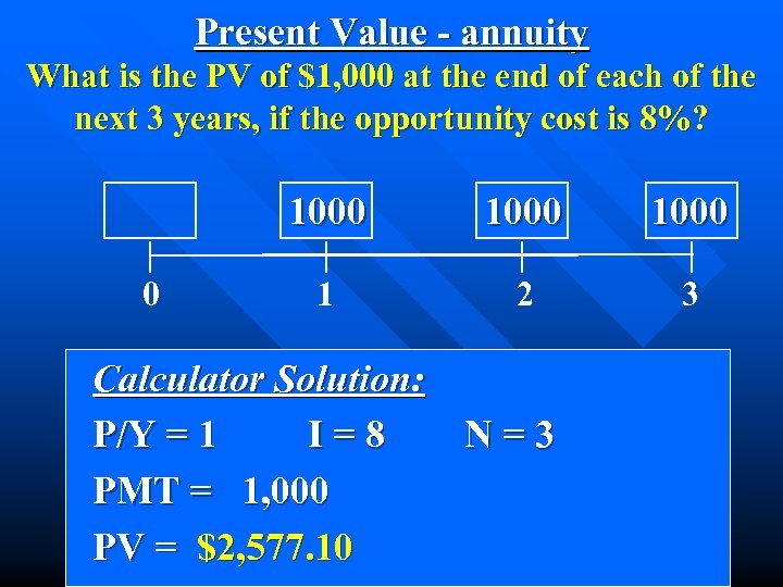 Present Value - annuity What is the PV of $1, 000 at the end