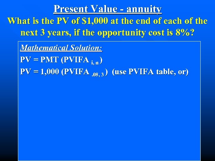 Present Value - annuity What is the PV of $1, 000 at the end