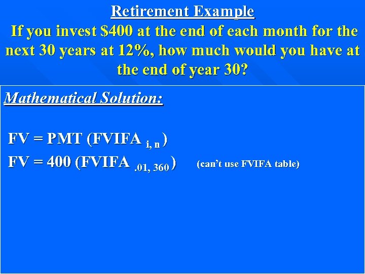 Retirement Example If you invest $400 at the end of each month for the