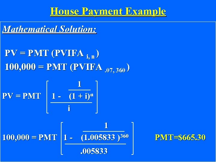 House Payment Example Mathematical Solution: PV = PMT (PVIFA i, n ) 100, 000