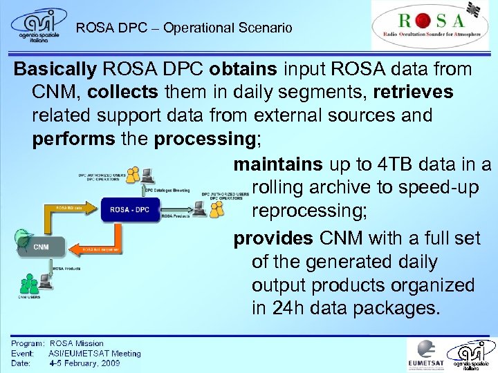 ROSA DPC – Operational Scenario Basically ROSA DPC obtains input ROSA data from CNM,