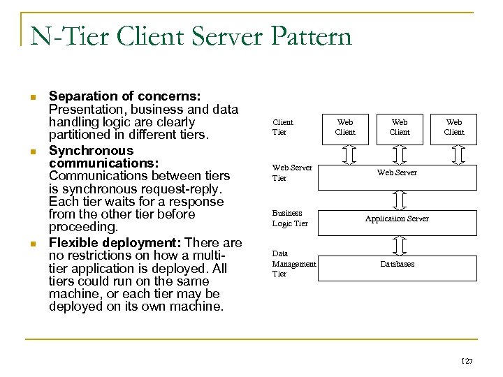 N-Tier Client Server Pattern n Separation of concerns: Presentation, business and data handling logic