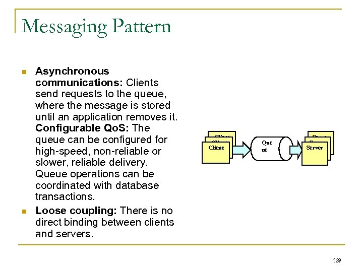 Messaging Pattern n n Asynchronous communications: Clients send requests to the queue, where the