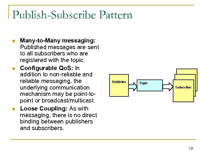 Publish-Subscribe Pattern n Many-to-Many messaging: Published messages are sent to all subscribers who are