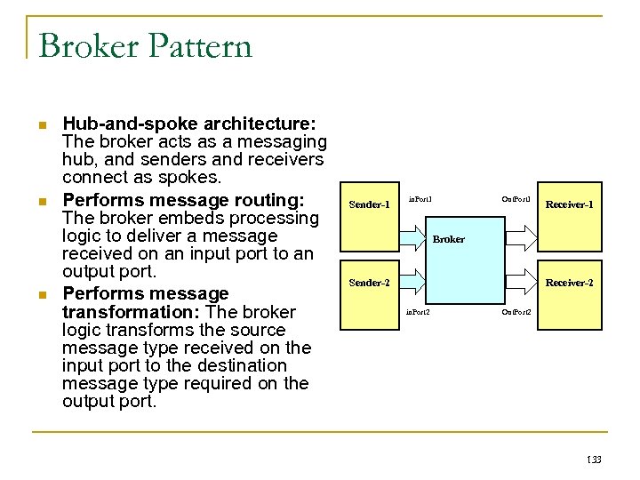 Broker Pattern n Hub-and-spoke architecture: The broker acts as a messaging hub, and senders
