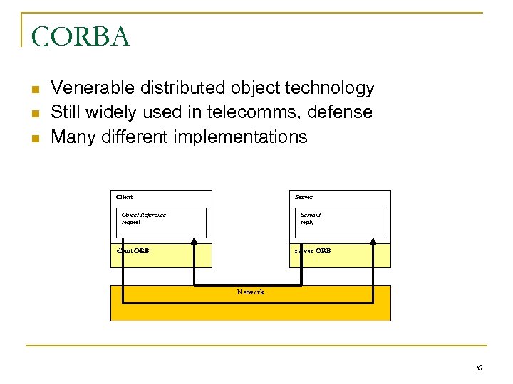 CORBA n n n Venerable distributed object technology Still widely used in telecomms, defense