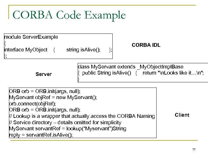 CORBA Code Example module Server. Example { interface My. Object { }; Server string