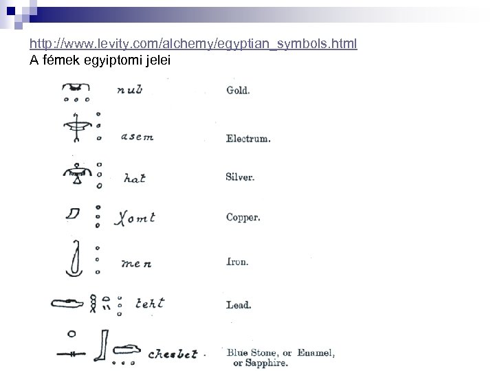 http: //www. levity. com/alchemy/egyptian_symbols. html A fémek egyiptomi jelei 