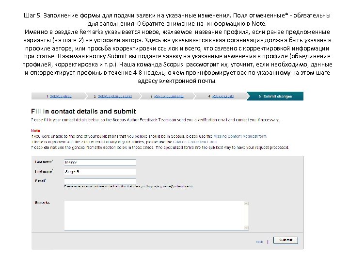 Шаг 5. Заполнение формы для подачи заявки на указанные изменения. Поля отмеченные* - обязательны