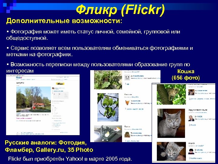 Фликр (Flickr) Дополнительные возможности: § Фотография может иметь статус личной, семейной, групповой или общедоступной.