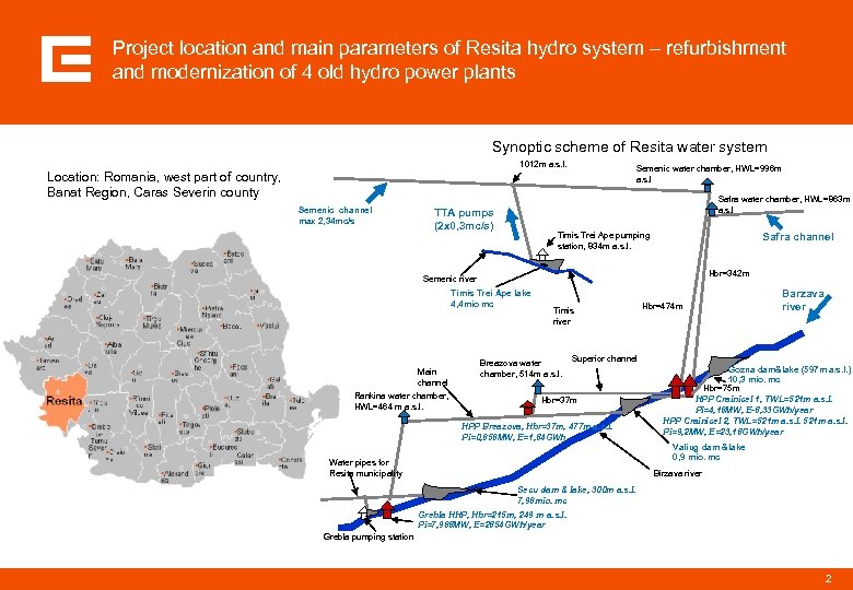 Project location and main parameters of Resita hydro system – refurbishment and modernization of