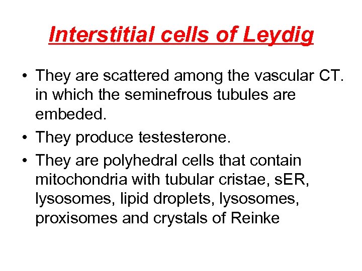 Interstitial cells of Leydig • They are scattered among the vascular CT. in which