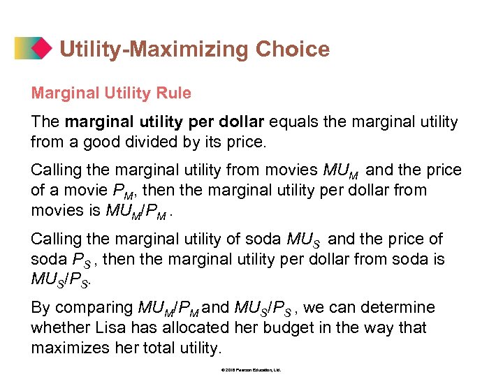 Utility-Maximizing Choice Marginal Utility Rule The marginal utility per dollar equals the marginal utility