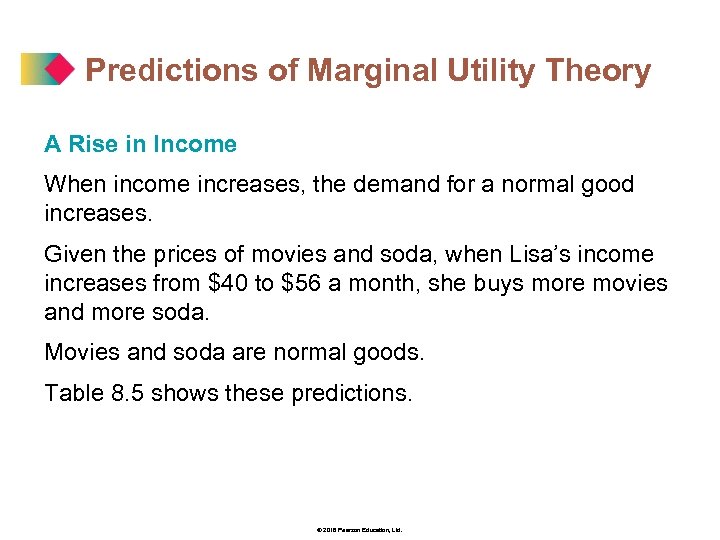 Predictions of Marginal Utility Theory A Rise in Income When income increases, the demand