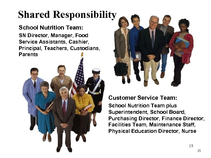 Shared Responsibility School Nutrition Team: SN Director, Manager, Food Service Assistants, Cashier, Principal, Teachers,