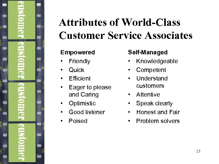 Attributes of World-Class Customer Service Associates Empowered • Friendly • Quick • Efficient •