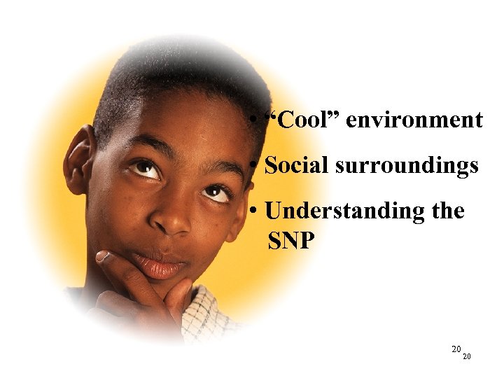  • “Cool” environment • Social surroundings • Understanding the SNP 20 20 