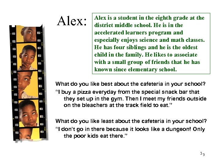 Alex: Alex is a student in the eighth grade at the district middle school.