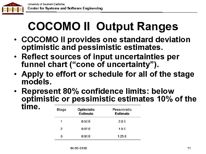 University of Southern California Center for Systems and Software Engineering COCOMO II Output Ranges