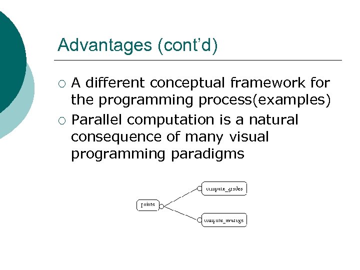 Advantages (cont’d) ¡ ¡ A different conceptual framework for the programming process(examples) Parallel computation