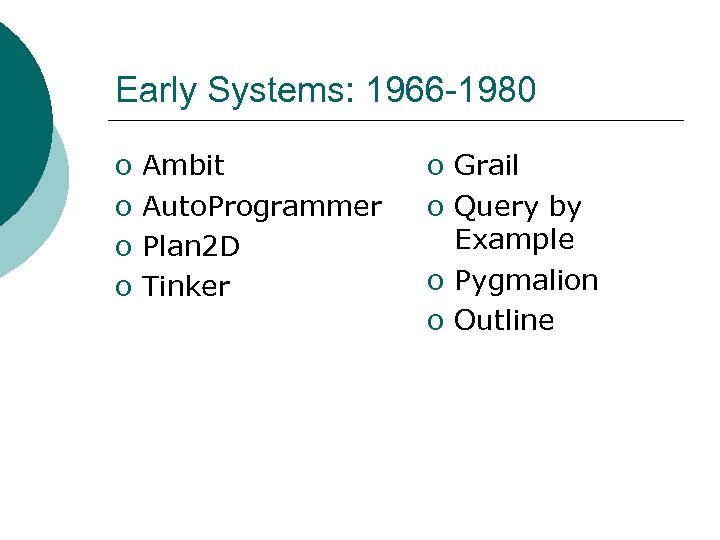 Early Systems: 1966 -1980 o o Ambit Auto. Programmer Plan 2 D Tinker o