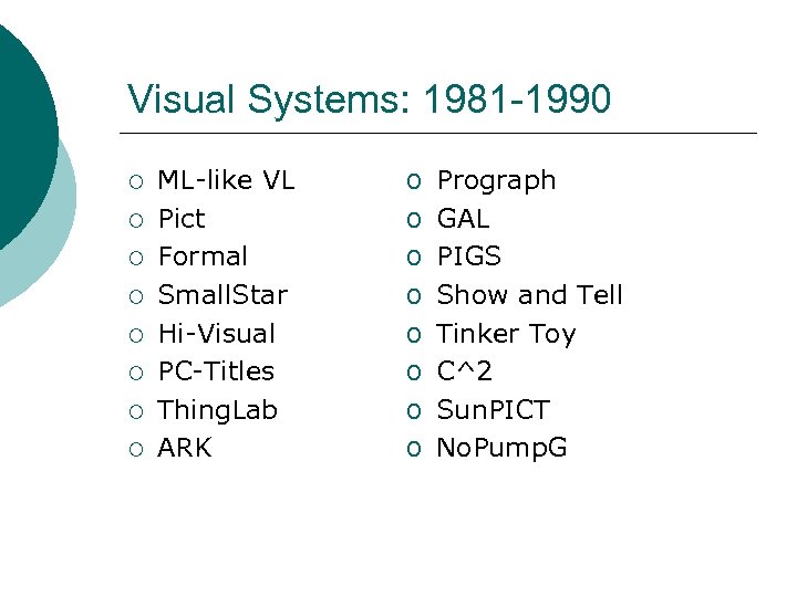 Visual Systems: 1981 -1990 ¡ ¡ ¡ ¡ ML-like VL Pict Formal Small. Star