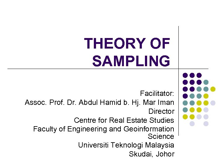 THEORY OF SAMPLING Facilitator: Assoc. Prof. Dr. Abdul Hamid b. Hj. Mar Iman Director