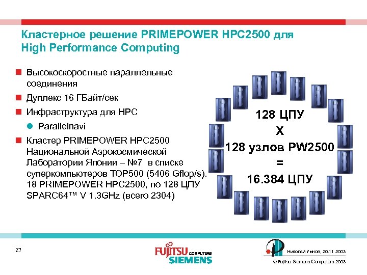Кластерное решение PRIMEPOWER HPC 2500 для High Performance Computing n Высокоскоростные параллельные соединения n