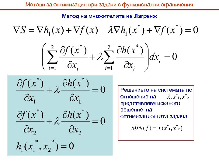 Методи за оптимизация при задачи с функционални ограничения Метод на множителите на Лагранж Решението