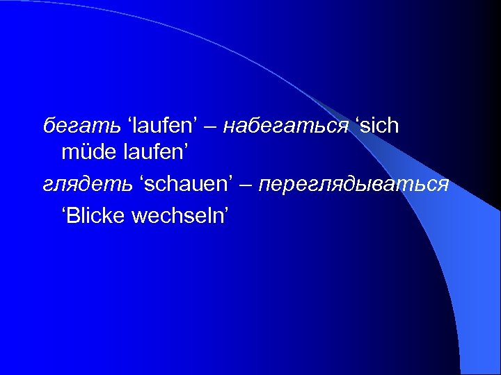  бегать ‘laufen’ – набегаться ‘sich müde laufen’ глядеть ‘schauen’ – переглядываться ‘Blicke wechseln’