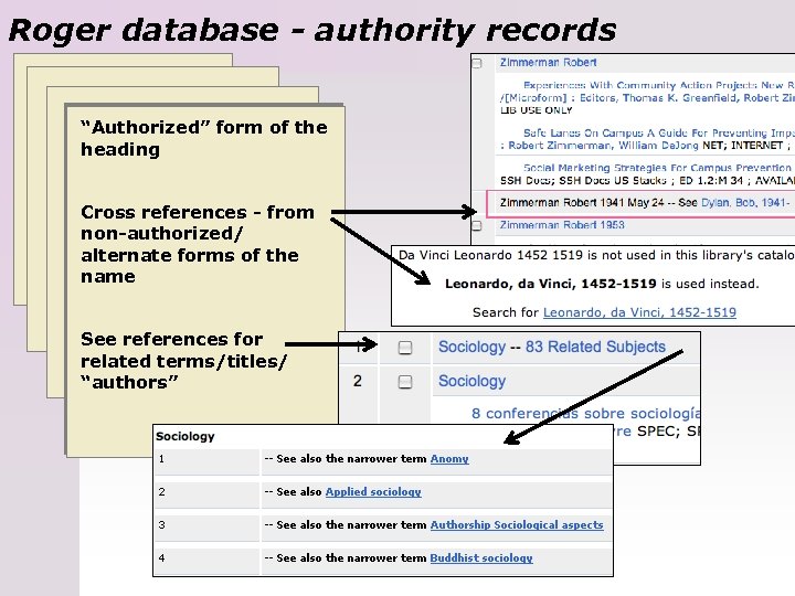 Roger database - authority records “Authorized” form of the heading Cross references - from