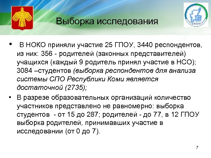Выборка исследования • В НОКО приняли участие 25 ГПОУ, 3440 респондентов, из них: 356
