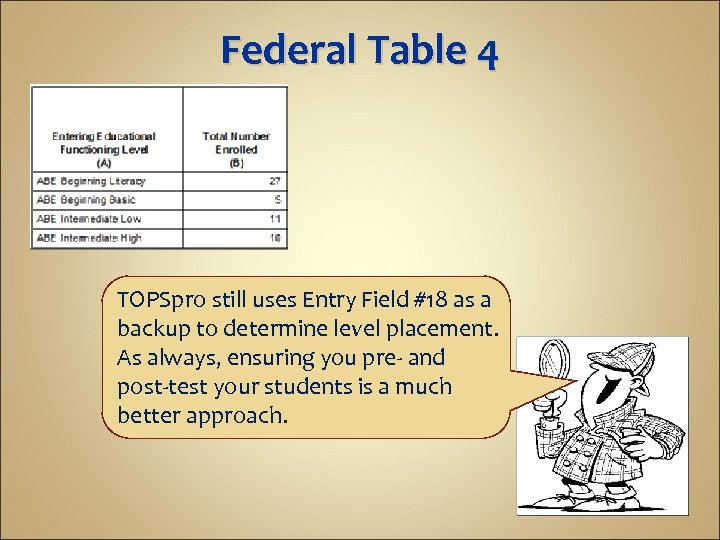 Federal Table 4 TOPSpro still uses Entry Field #18 as a backup to determine