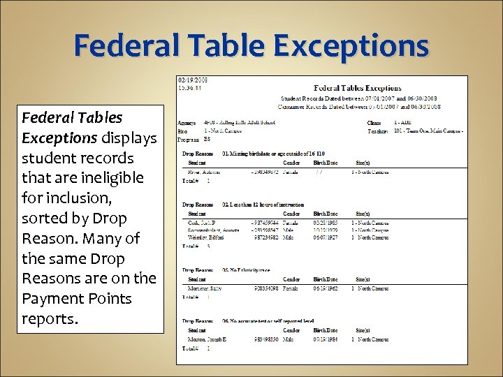 Federal Table Exceptions Federal Tables Exceptions displays student records that are ineligible for inclusion,