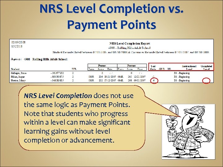 NRS Level Completion vs. Payment Points NRS Level Completion does not use the same