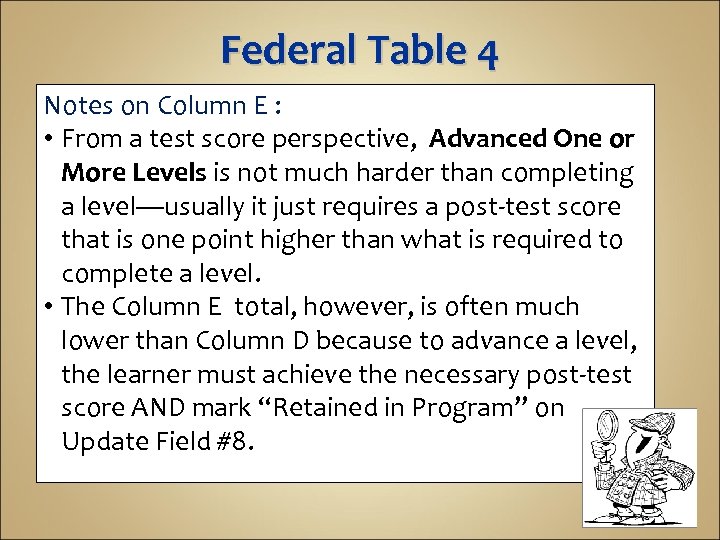 Federal Table 4 Notes on Column E : • From a test score perspective,