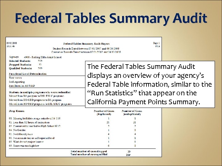 Federal Tables Summary Audit The Federal Tables Summary Audit displays an overview of your